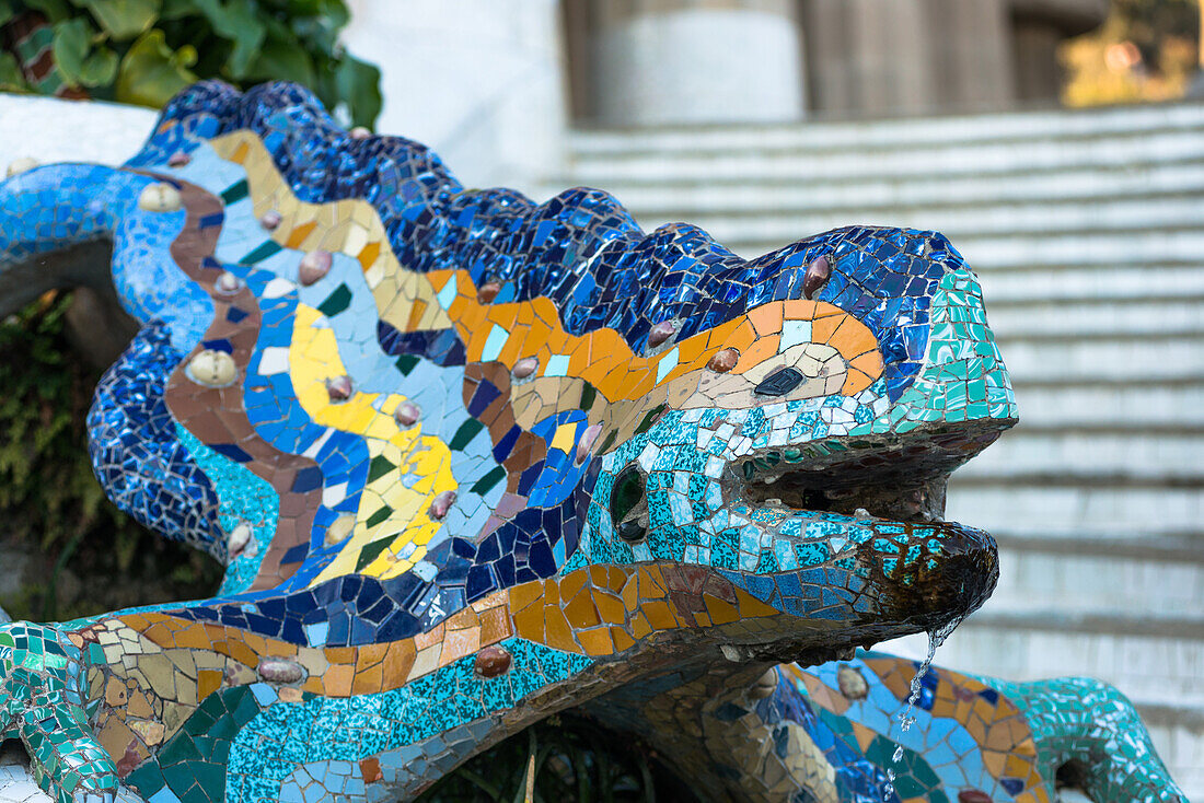 Gaudi's multicolored mosaic salamander, popularly known as el drac (the dragon), Park Guell, UNESCO World Heritage Site, Barcelona, Catalonia, Spain, Europe