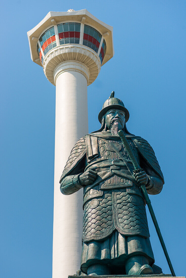 Busan Tower and statue of Admiral Yi Sun-shin at Yongdusan Park, Busan, South Korea, Asia