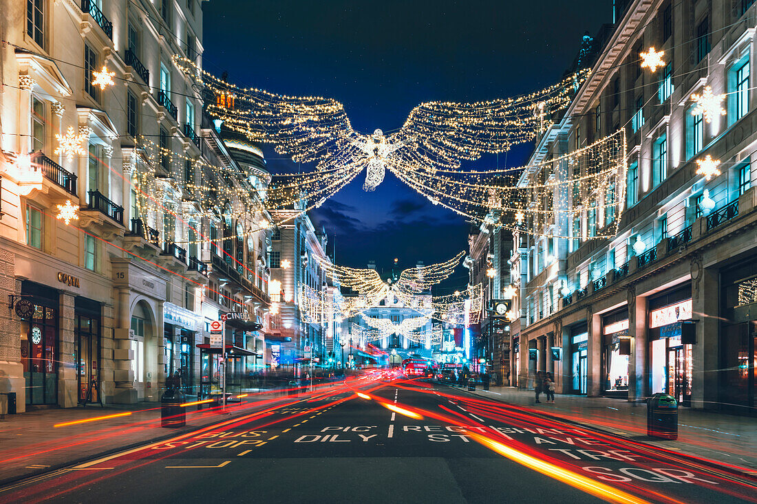 Festive Christmas lights in Regent Street at night in 2017, London, England, United Kingdom, Europe