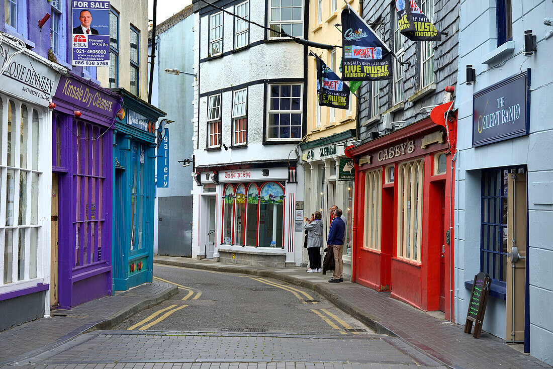 Brightly painted houses and shop facades, Market Lane, Kinsale, Wild Atlantic Way, County Cork, Munster, Republic of Ireland, Europe