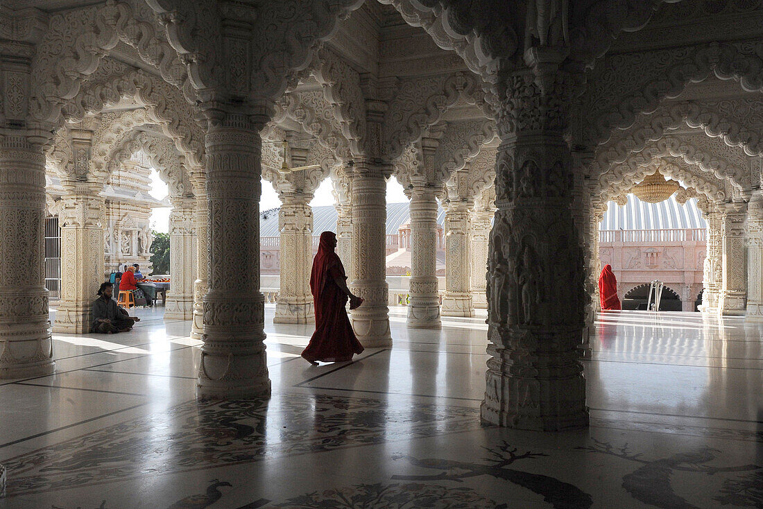 The marble pillared hall of Shri Swaminarayan temple, built after the 2001 earthquake, inaugurated in May 2010, Bhuj, Gujarat, India, Asia