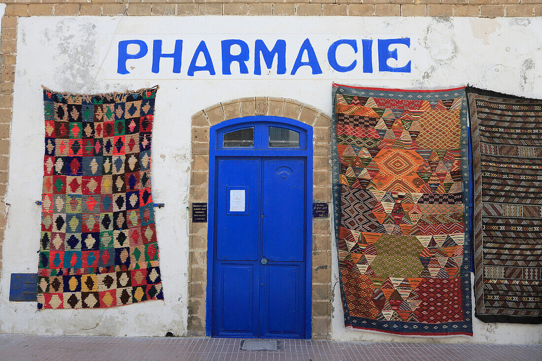 Pharmacy, Moroccan carpets, Medina, UNESCO World Heritage Site, Essaouira, Morocco, North Africa, Africa