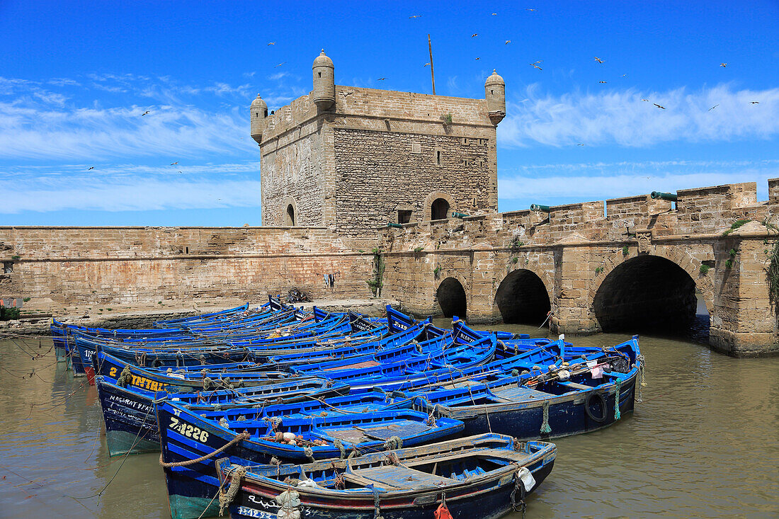 Skala du Port, fishing boats and harbor, 18th century Ramparts, Essaouira, Morocco, Atlantic Coast, North Africa, Africa