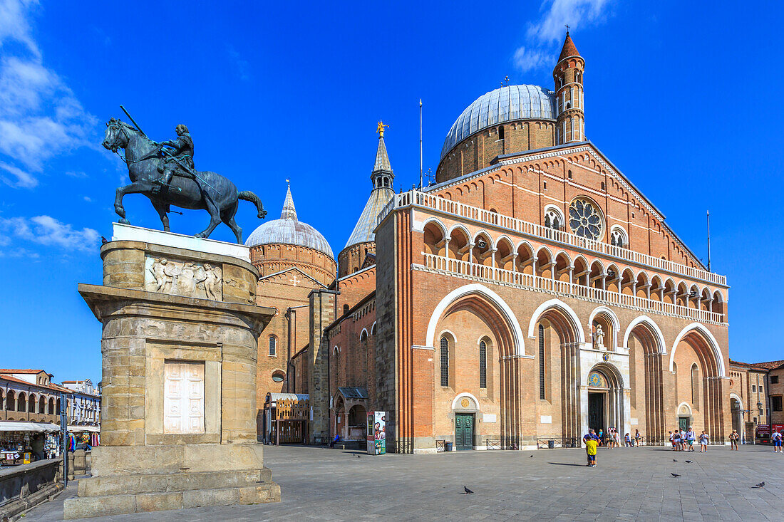 View of statue in Saint Anthony Square and Saint Anthony of Padua Basilica, Padua, Veneto, Italy, Europe