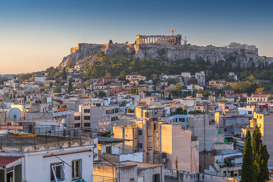 Elavated view of The Acropolis at dawn from the Monastiraki District, Athens, Greece, Europe