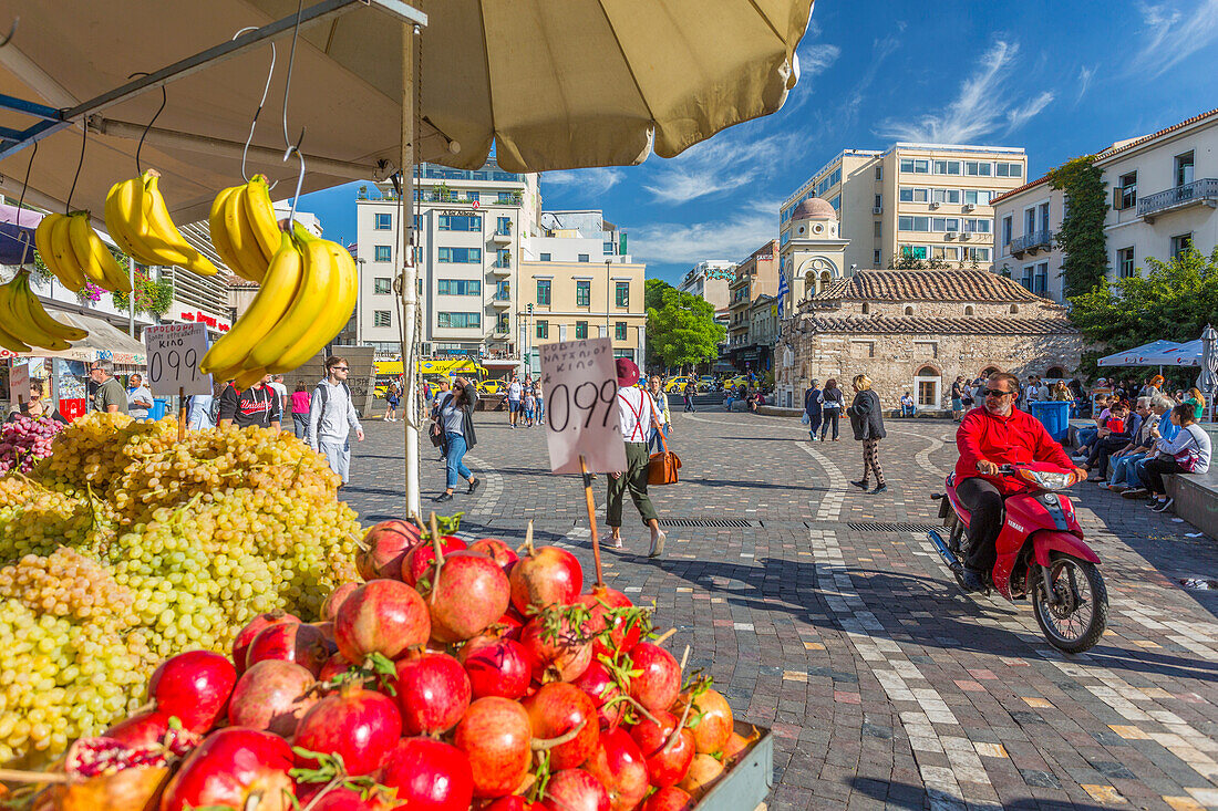 View of fruit stall and Greek Orthodox Church in Monastiraki Square, Monastiraki District, Athens, Greece, Europe