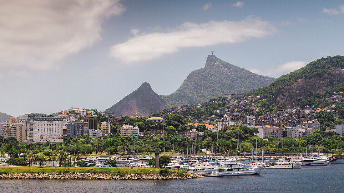 Flamengo neighbourhood with iconic Christ the Redeemer statue on far right, Rio de Janeiro, Brazil, South America