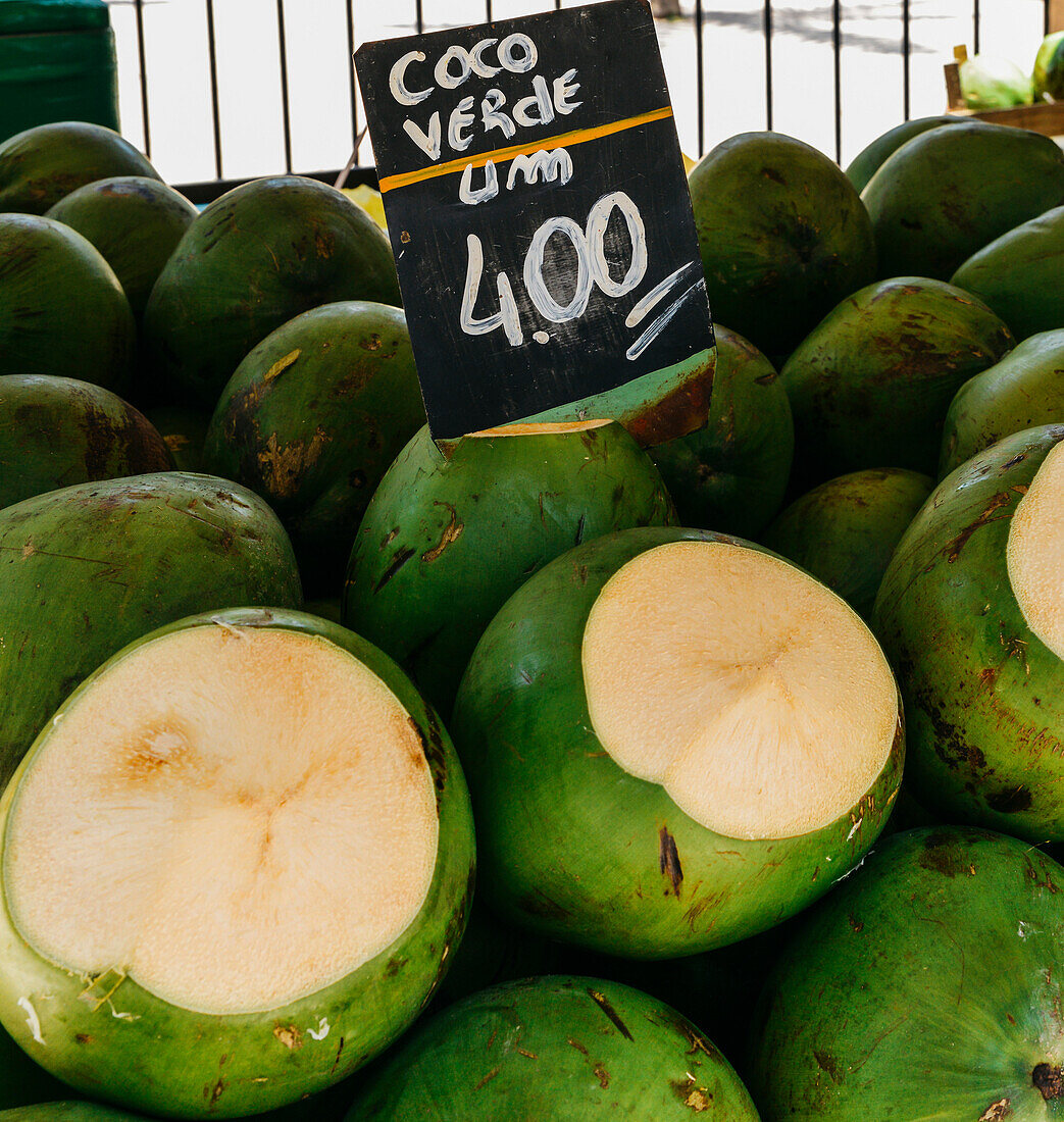Ripe coconuts for sale in a street market in Rio de Janeiro, Brazil, South America