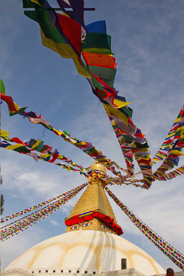 Prayer flags of Boudhanath Stupa, UNESCO World Heritage Site, Kathmandu, Nepal, Asia
