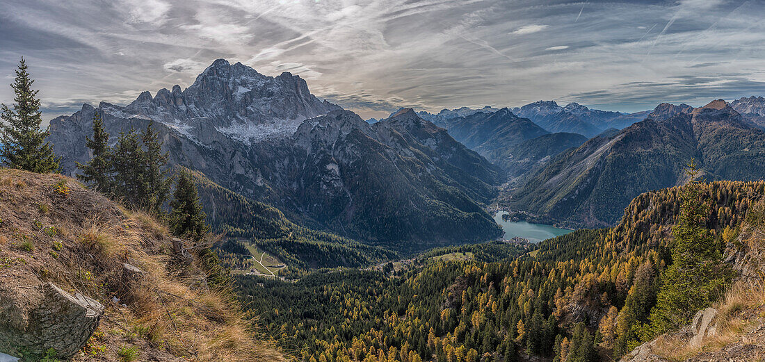 Lake Alleghe and Civetta in autumn, Dolomites, Veneto, Italy, Europe