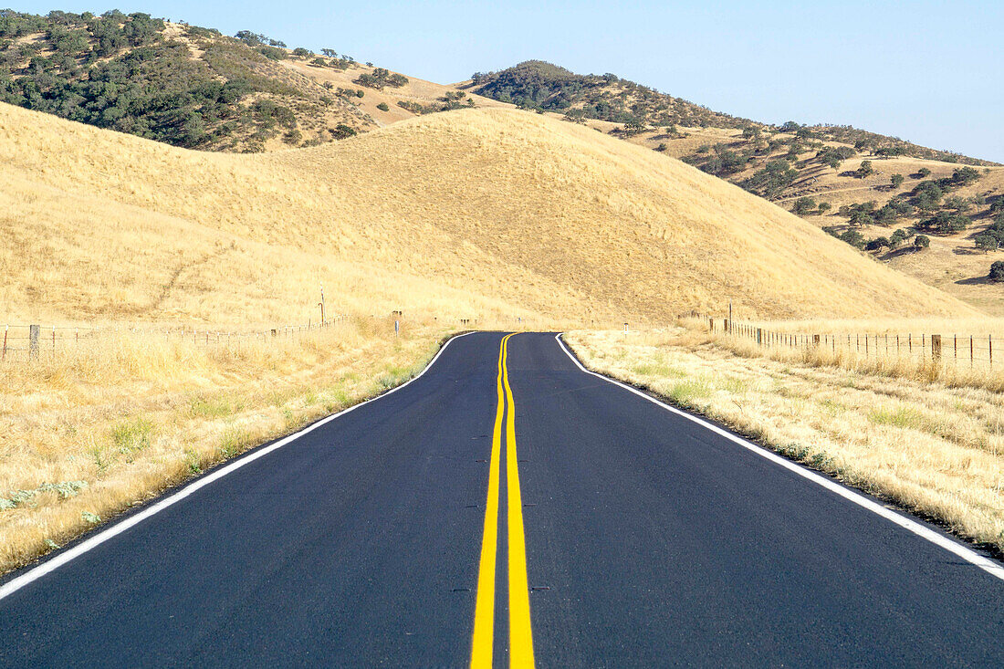 Surroundings of Pinnacles National Park and empty road, California, United States of America, North America