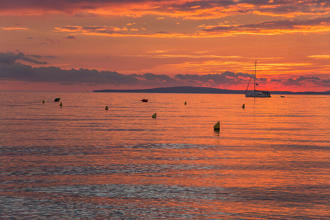 Sailing boat at sunset, Palma de Mallorca, Mallorca, Balearic Islands, Spain, Mediterranean, Europe