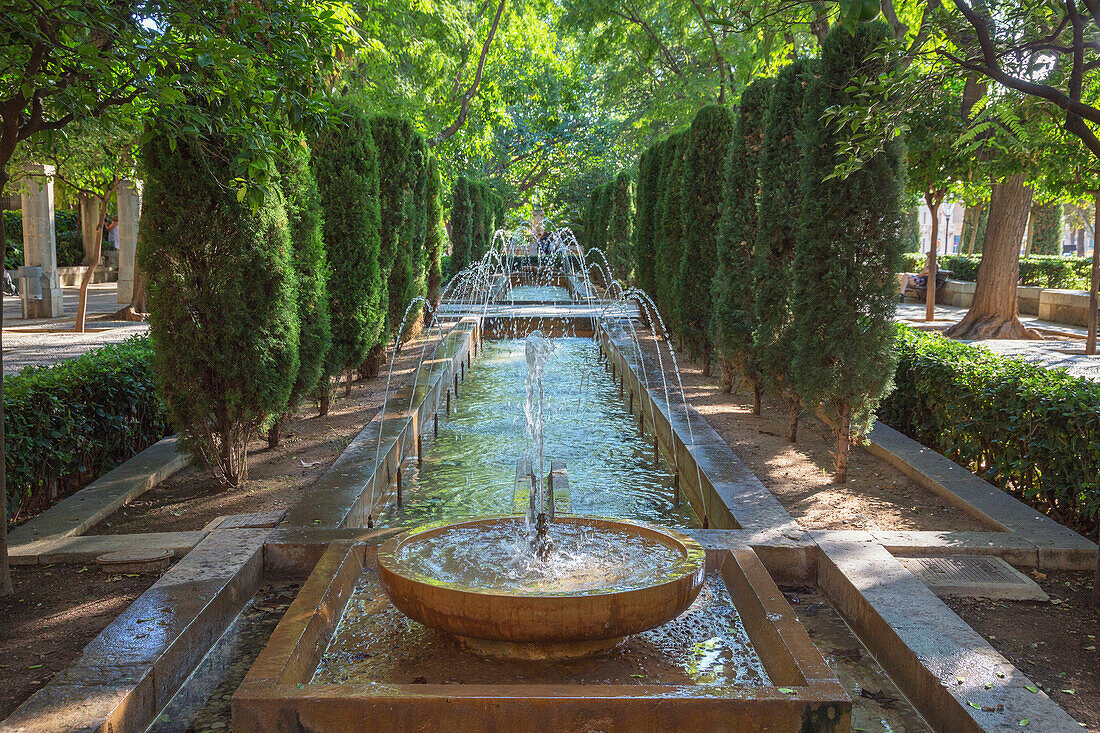 Water fountain and pool, Parc S'Hort del Rei, Palma de Mallorca, Mallorca (Majorca), Balearic Islands, Spain, Europe