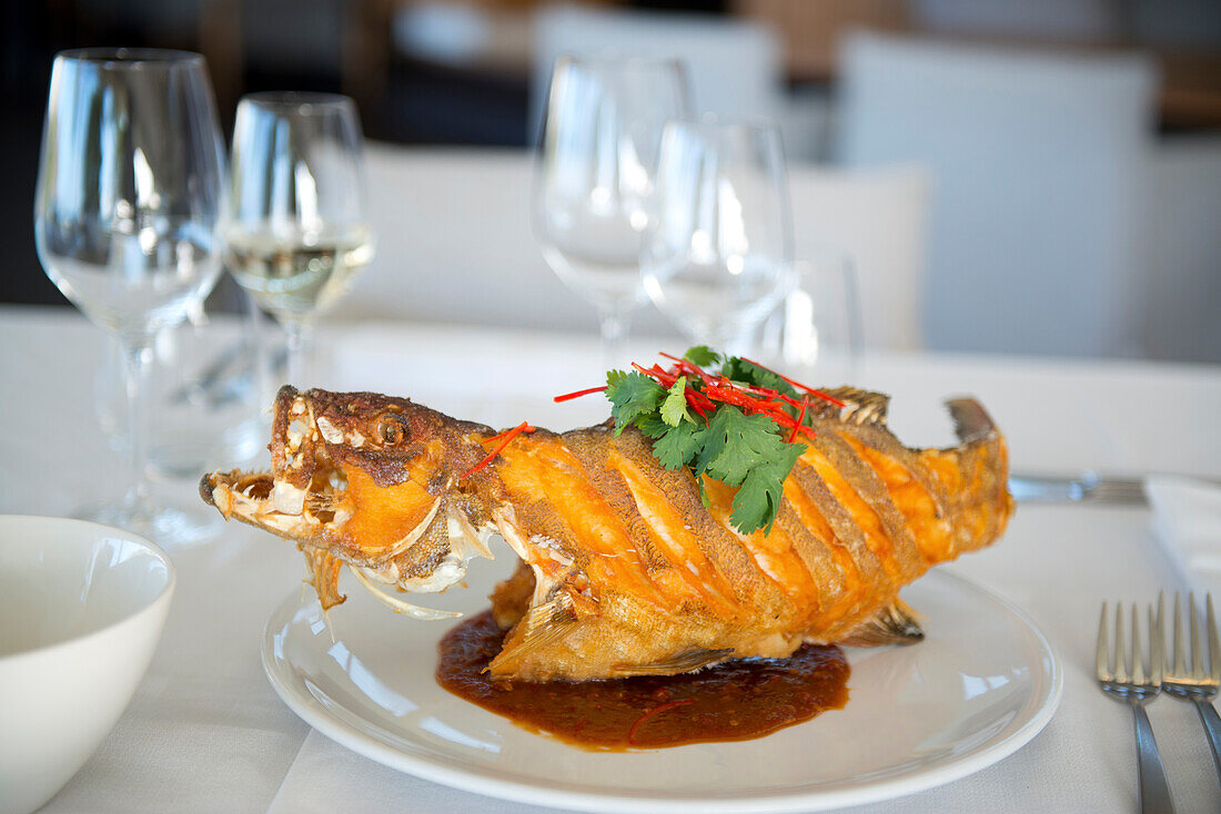 A fried coral trout with Asian spices at the Lizard Island Resort