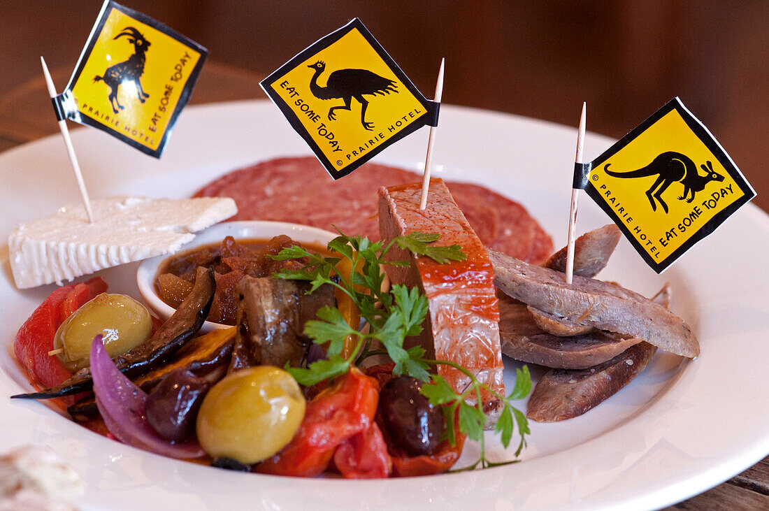 The Prairie Hotel in Parachilna sreves goat, emu and kangaroo on a plate