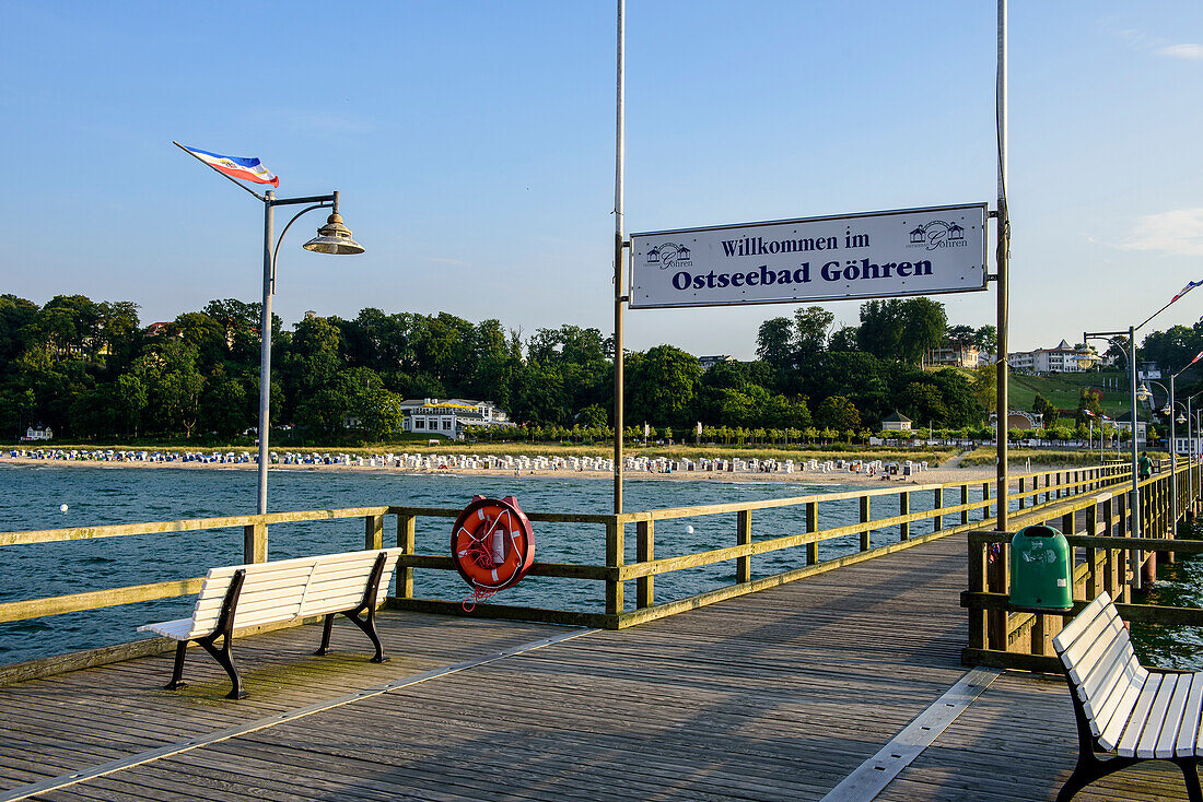 Beach and pier of Goehren, Moenchgut peninsula, Ruegen, Ostseekueste, Mecklenburg-Vorpommern Germany