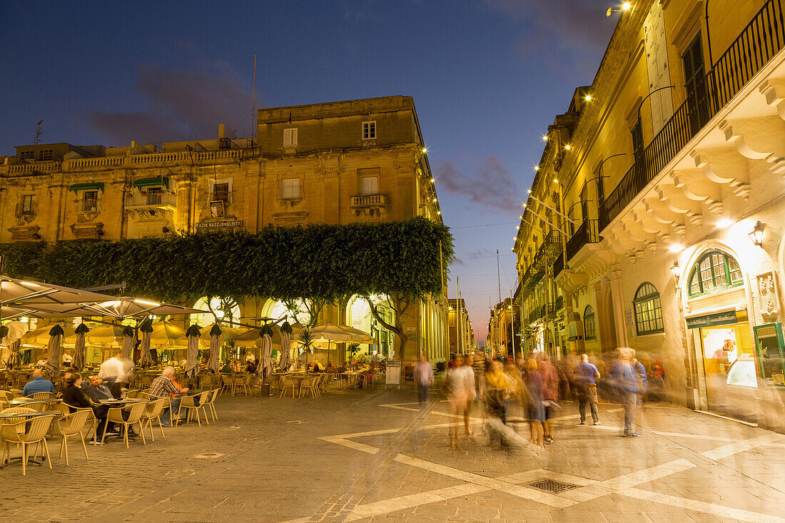 People enjoying an evening at Piazza Regina in Valletta, European Capital of Culture 2018, Malta, Mediterranean, Europe