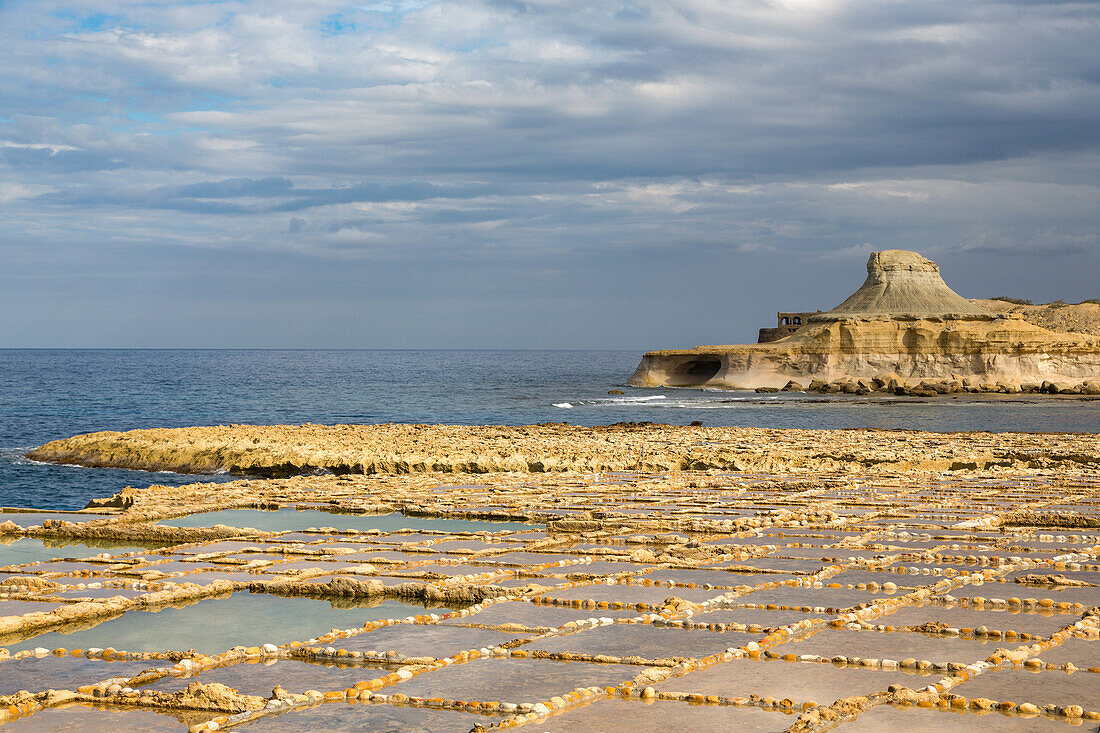 Traditional salt pans cut into the rock on the coast of Gozo, Malta, Mediterranean, Europe