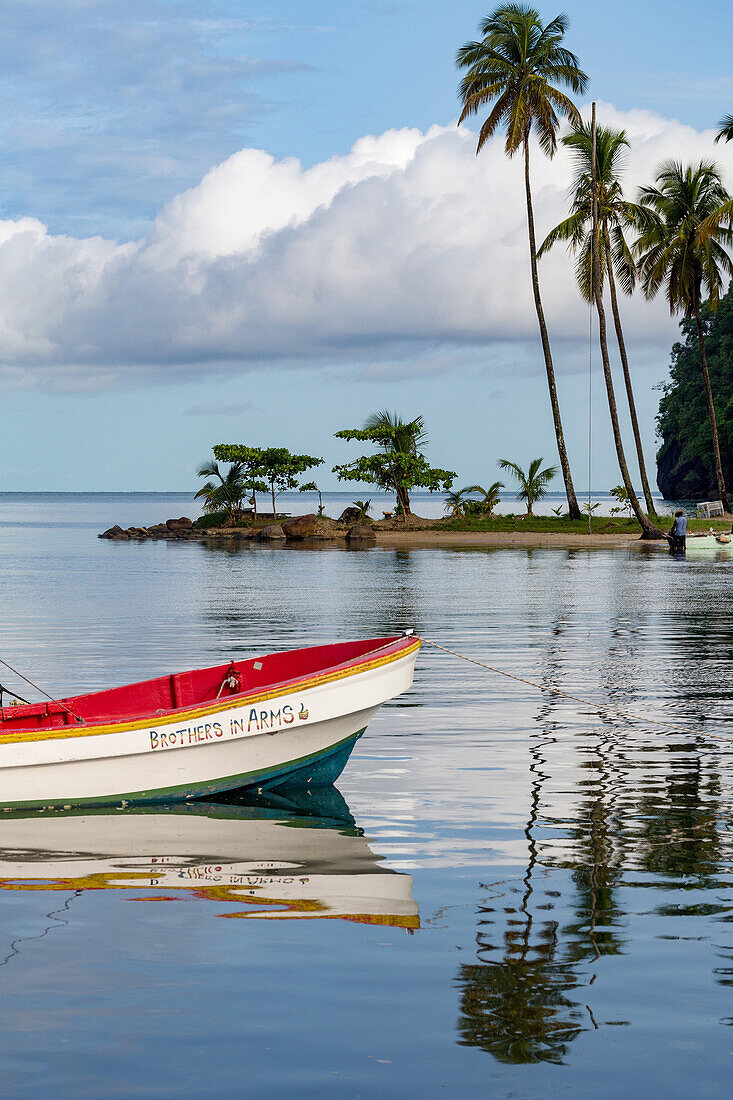 Traditional fishing boat moored at Marigot Bay with tall palms on the small beach in the distance, St. Lucia, Windward Islands, West Indies Caribbean, Central America