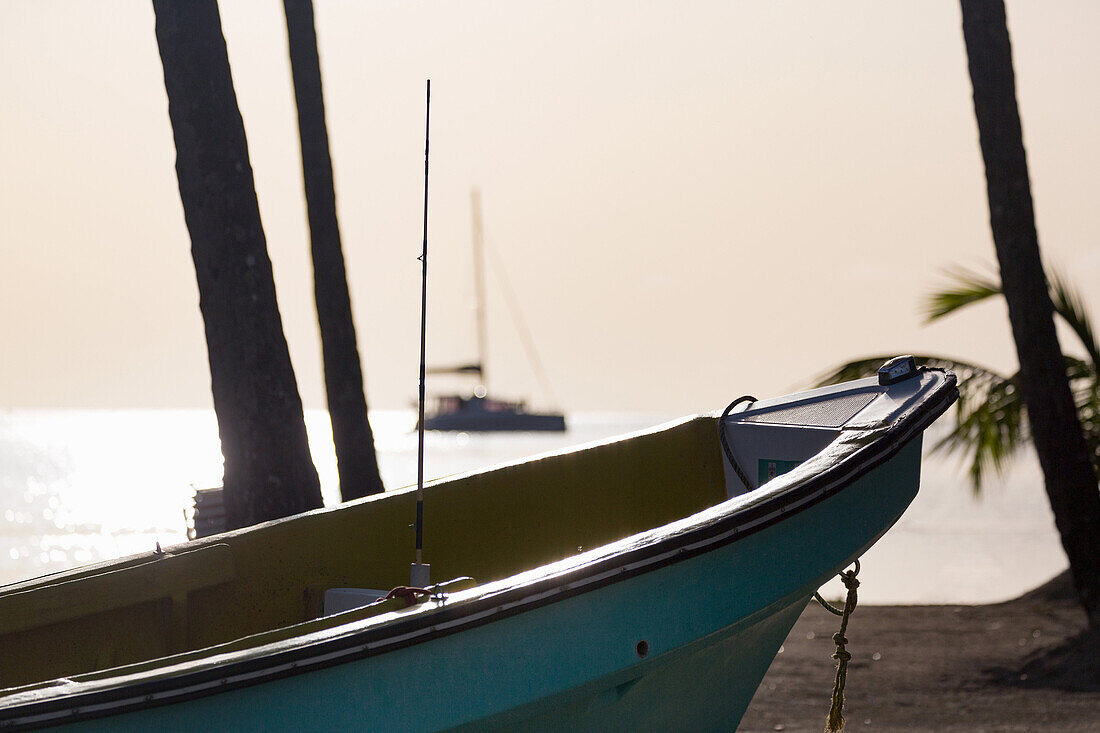 Traditional boat on the beach at Marigot Bay at dusk, St. Lucia, Windward Islands, West Indies Caribbean, Central America