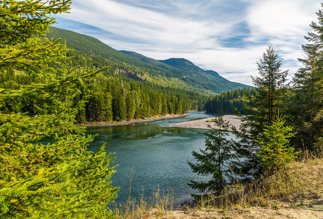 View of Clearwater River and meadows near Clearwater, British Columbia, Canada, North America