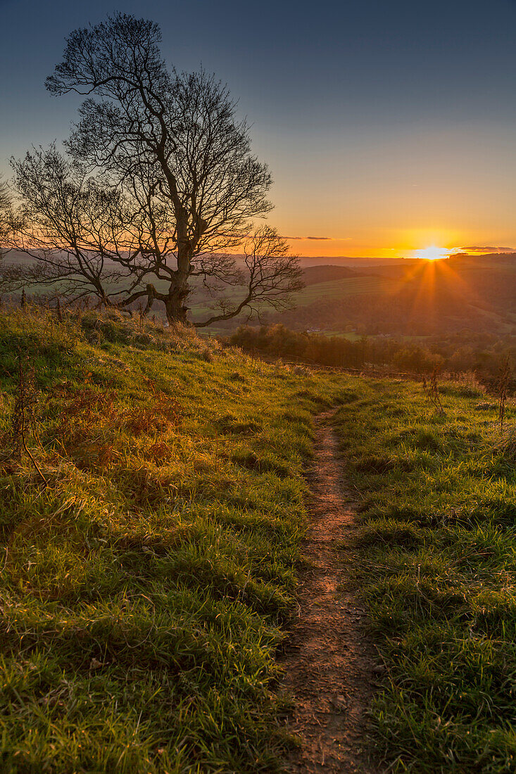 View of sunset from path on Baslow Edge, Baslow, Peak District National Park, Derbyshire, England, United Kingdom, Europe