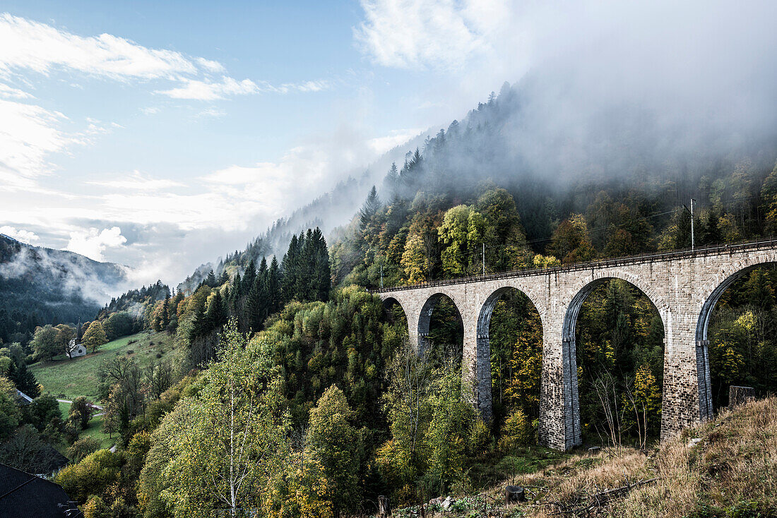 Eisenbahnbrücke in der Ravennaschlucht, Höllental im Herbst, bei Freiburg im Breisgau, Schwarzwald, Baden-Württemberg, Deutschland