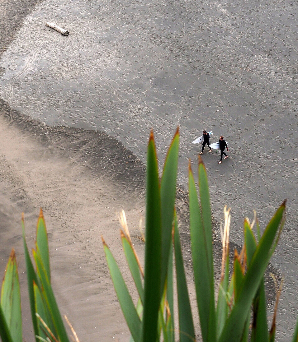 Surfer am Strand von Piha im Waitakere, bei Auckland, Nordinsel, Neuseeland