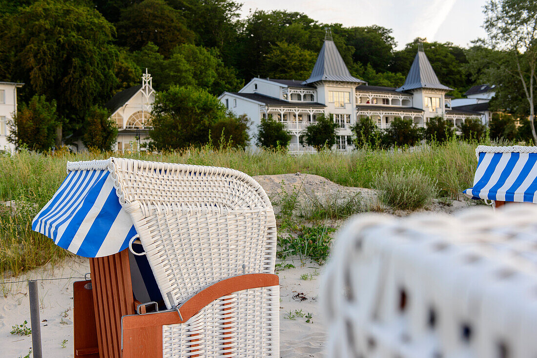 Baeder architecture with beach chairs in the foreground, Binz, Rügen, Ostseeküste, Mecklenburg-Vorpommern, Germany