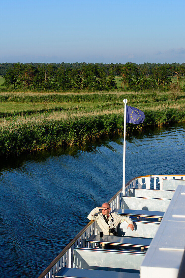 Excursion boats River Star as Mississippi steamer on the Prerower stream. Boddenlandschaft on the Darss, Ostseeküste, Mecklenburg-Western Pomerania Germany