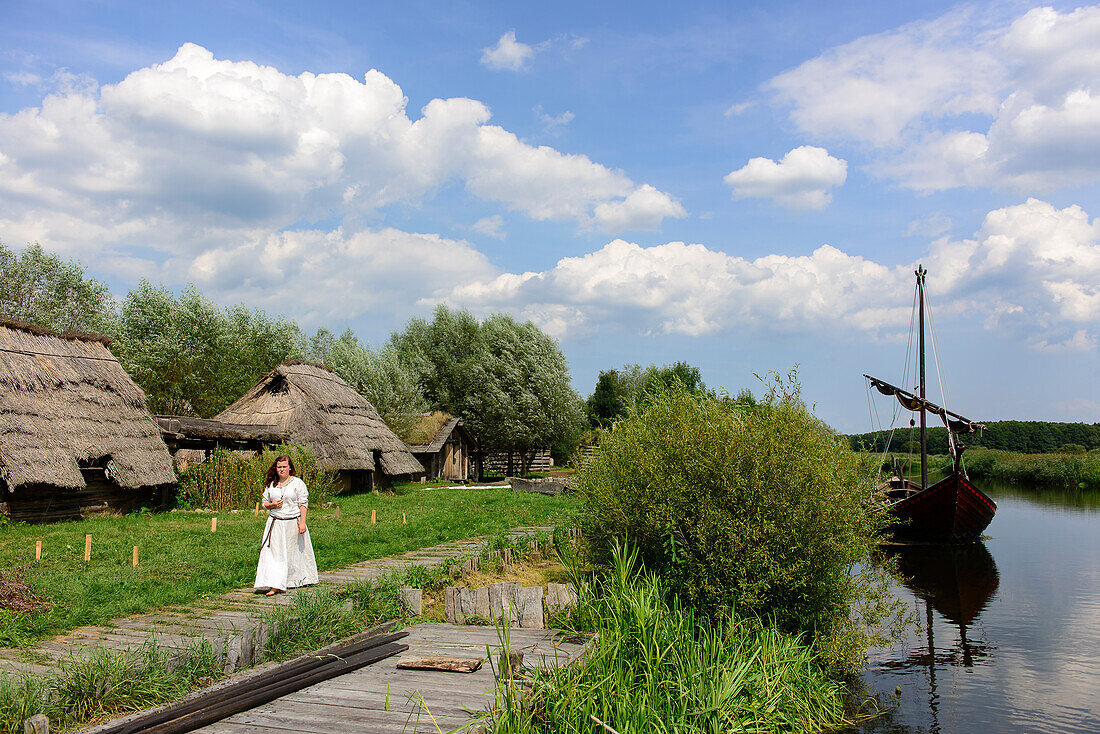 Young woman in traditional costume in Ukranenland open-air museum in Torgelow, Baltic Sea coast, Mecklenburg-Vorpommern, Germany