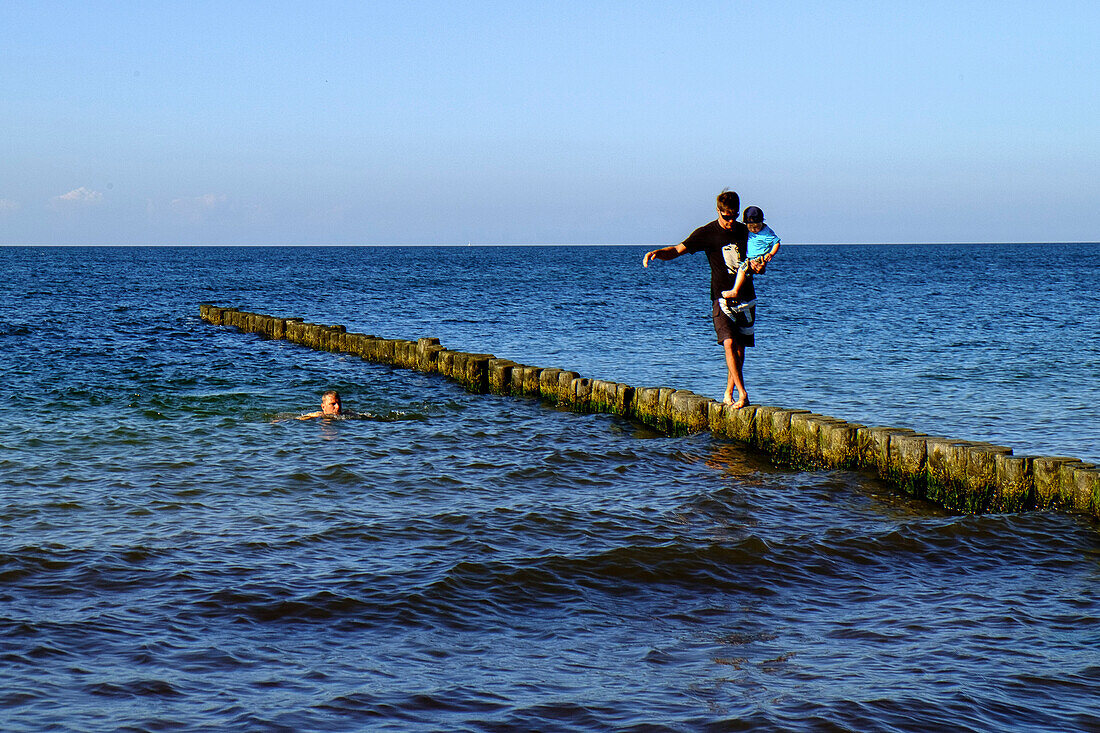 Vater mit Kind auf dem Arm balanciert auf Buhne am Strand von Schaabe, Rügen, Ostseeküste, Mecklenburg-Vorpommern, Deutschland