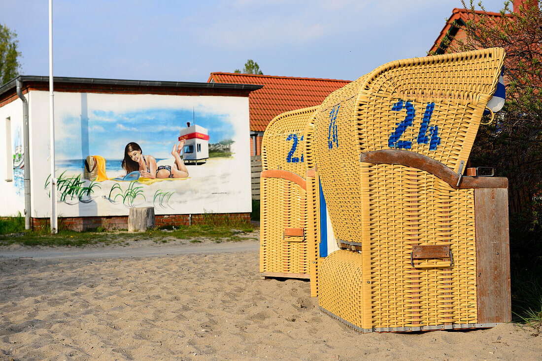 Beach with beach chairs and mural of Timmendorfer Strand, Insel Poel, Ostseeküste, Mecklenburg-Western Pomerania Germany