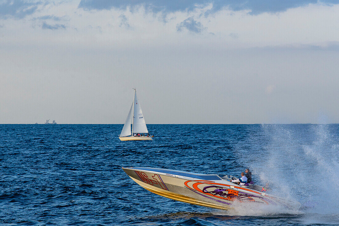 Speedboat on the Baltic Sea at Warnemünde, Ostseeküste, Mecklenburg-Western Pomerania, Germany