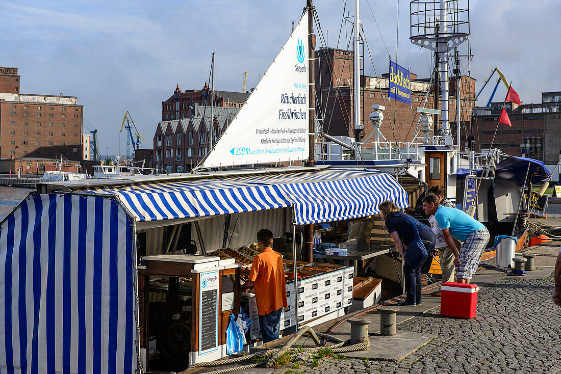 Fish shop at the harbor, Wismar, Ostseeküste, Mecklenburg-Western Pomerania, Germany