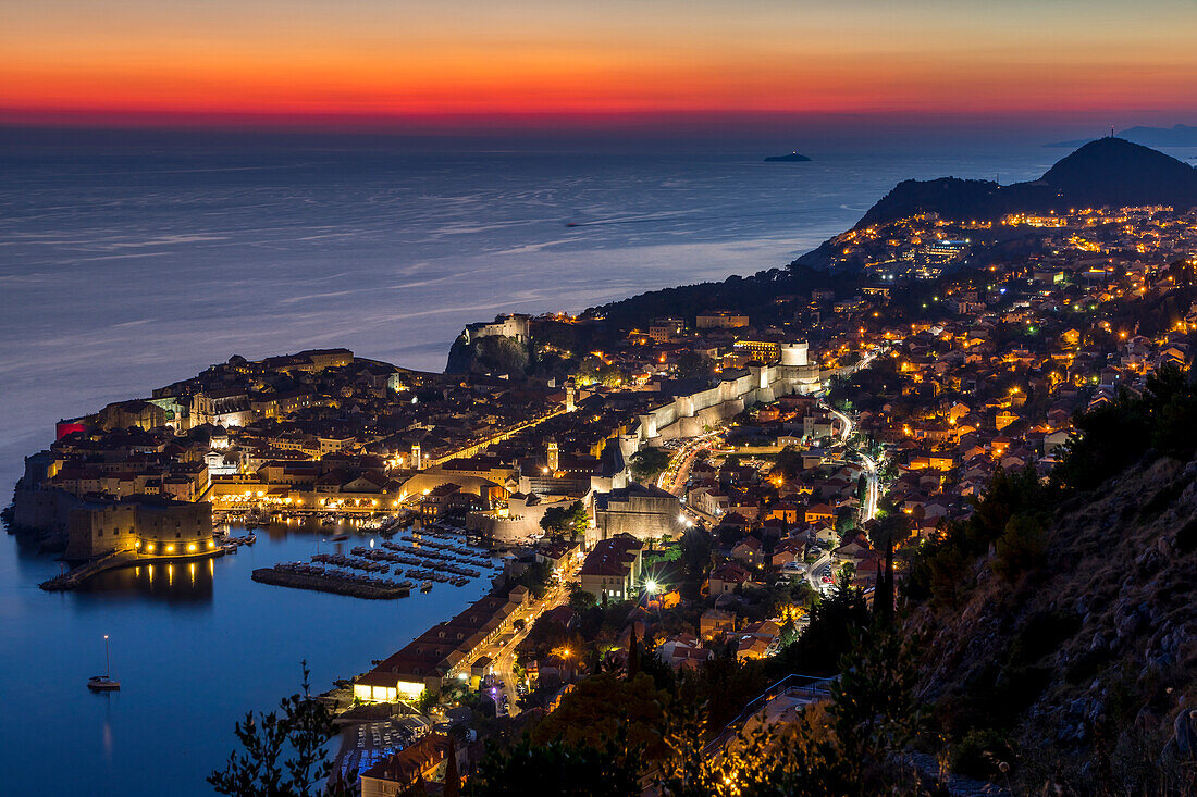 Elevated view over the old town of Dubrovnik at sunset, Croatia, Europe