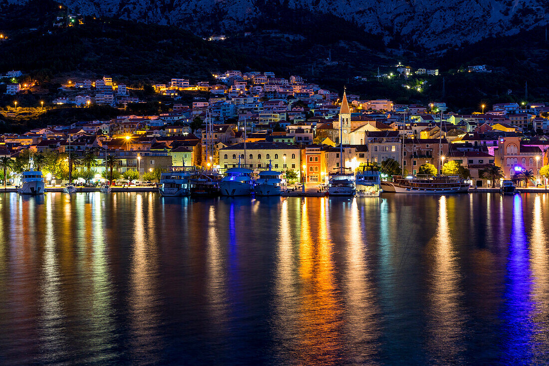 Cityscape of Makarska at dawn, Croatia, Europe