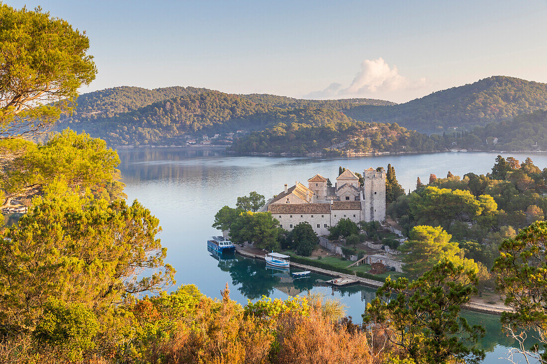 Elevated view over Veliko Jezero (Big Lake) and the monastery on Saint Mary Island inside Mljet National Park, Croatia, Europe