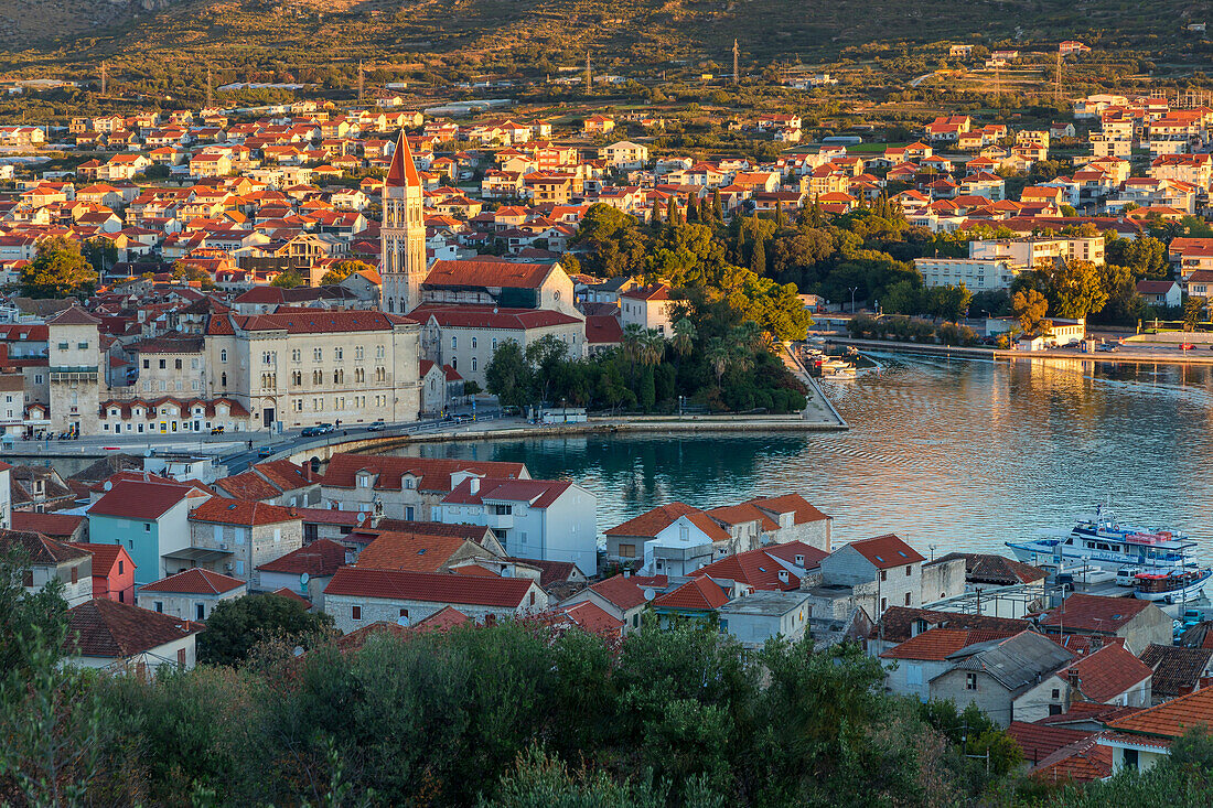 Elevated view over the old town of Trogir, UNESCO World Heritage Site, at sunrise, Croatia, Europe
