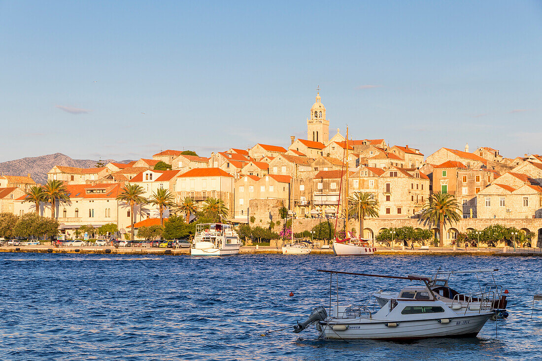 View to the old town of Korcula at sunset, Korcula, Croatia, Europe