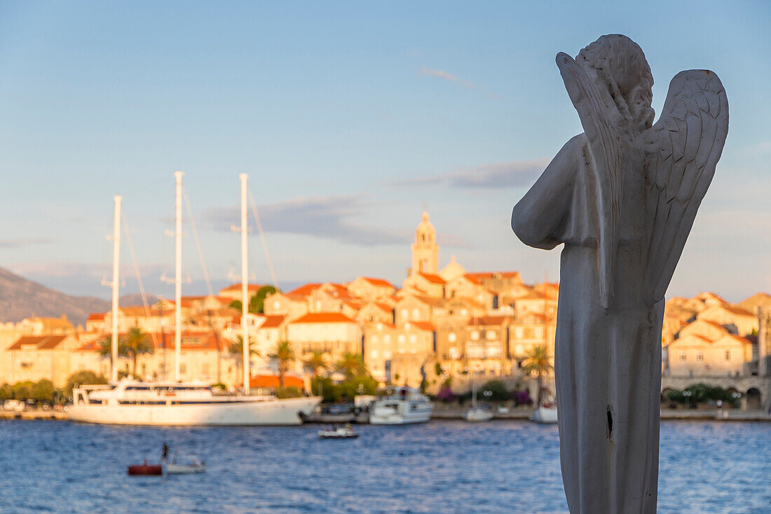 View to the old town of Korcula Town at sunset, Korcula, Croatia, Europe