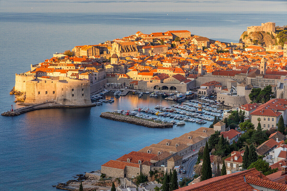 Elevated view over the old town of Dubrovnik at first sunlight, UNESCO World Heritage Site, Dubrovnik, Croatia, Europe