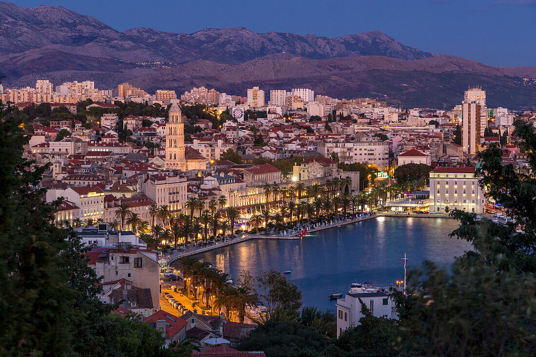 View from Marjan Hill over the old town at dusk, Split, Croatia, Europe