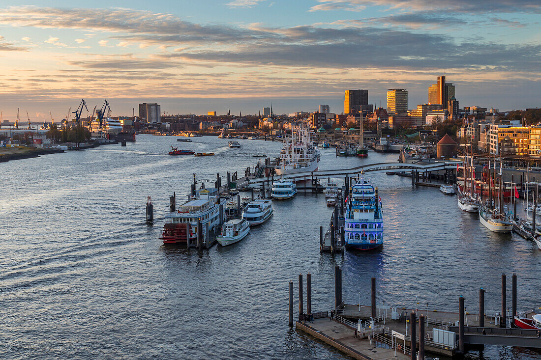 Elevated view from the Elbphilharmonie building over the port of Hamburg at sunset, Hamburg, Germany, Europe
