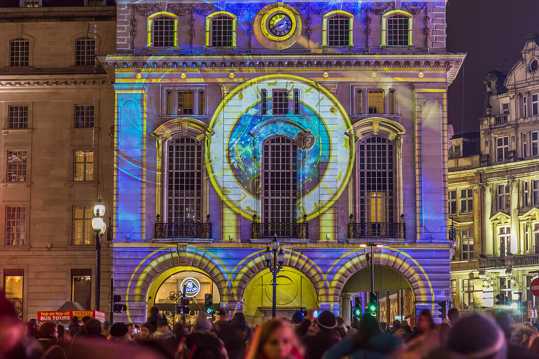 Illuminated building on Piccadilly Circus during London Lumiere, London, England, United Kingdom, Europe