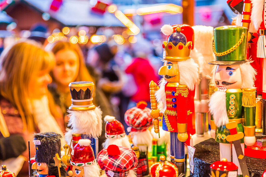 Wooden soldiers on Christmas Market stall at Christmas Market, Millennium Square, Leeds, Yorkshire, England, United Kingdom, Europe