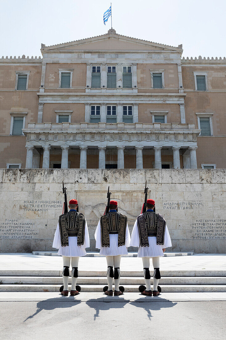 Changing of the Guard at the Tomb of the Unknown Soldier in Syntagma Square with the Old Royal Palace, Athens, Greece, Europe