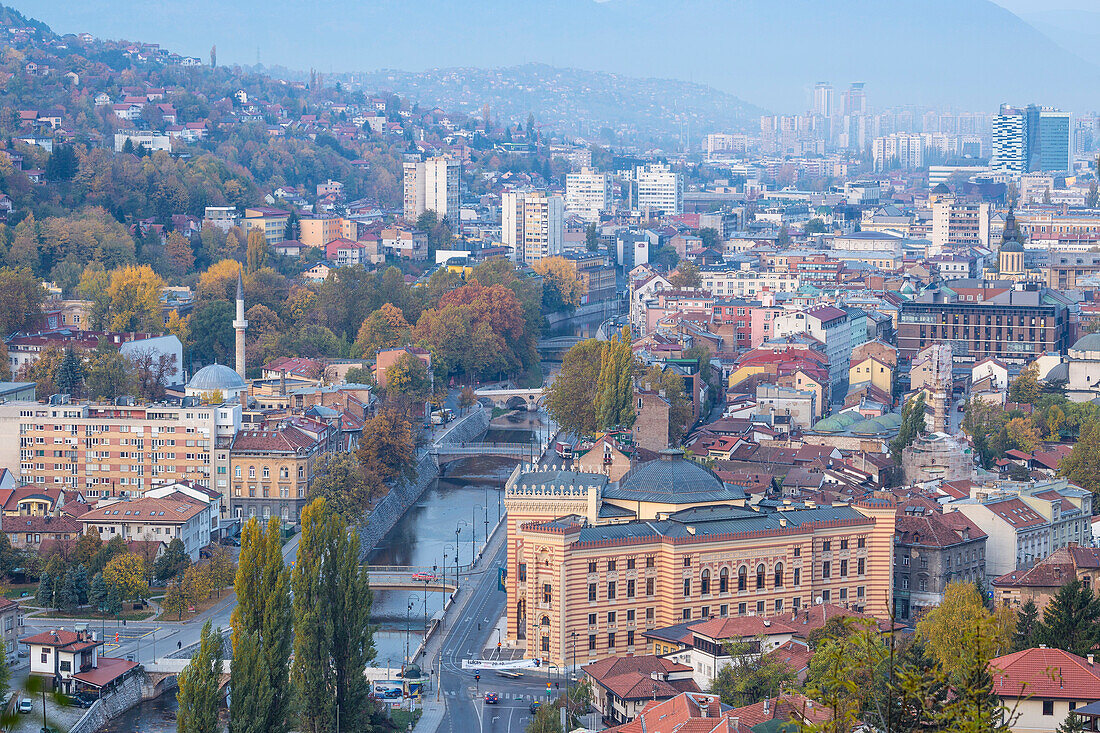 View of city and Miljacka River, Sarajevo, Bosnia and Herzegovina, Europe