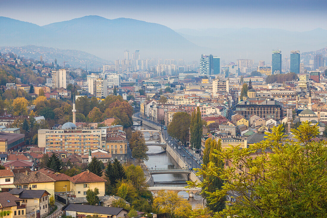 View of city and Miljacka River, Sarajevo, Bosnia and Herzegovina, Europe