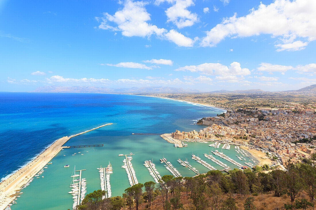 Elevated view of harbor and city of Castellammare del Golfo, province of Trapani, Sicily, Italy, Mediterranean, Europe
